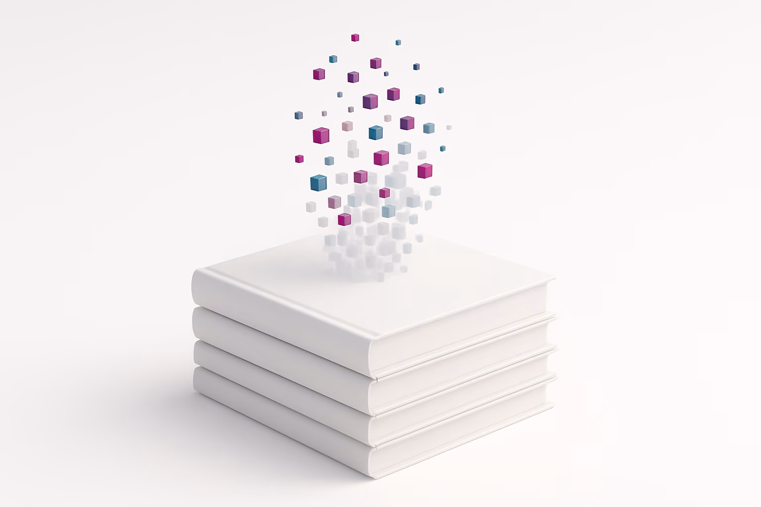 Illustration: stack of white books whose top scatters into small cubes
