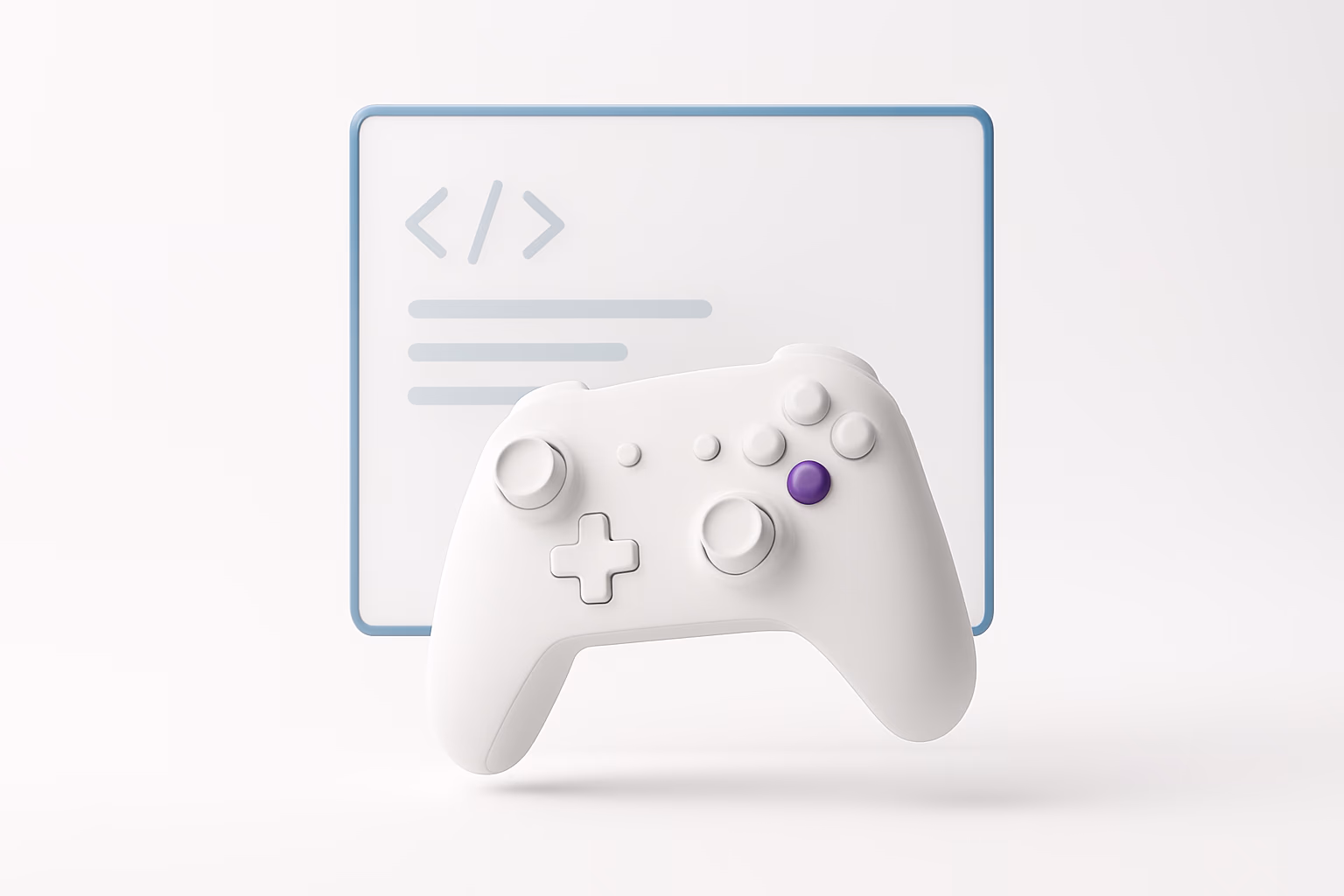 Illustration: white game controller in front of a code window