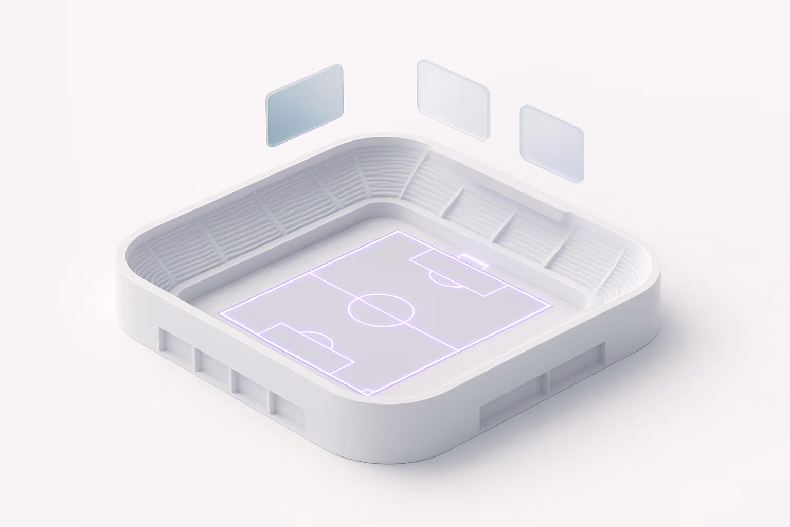 Illustration: white model of a stadium seen from above, pitch drawn in purple